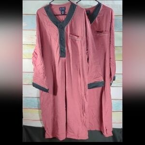 2 John Blair Men's Coral Long-Sleeve Henley Style Night Shirt w Contrast Trim